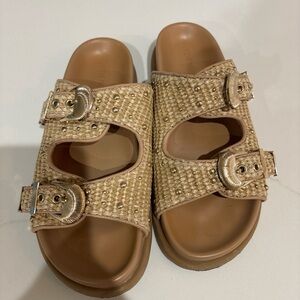 Steve Madden Woven Natural Slide Sandals with Buckle Detail